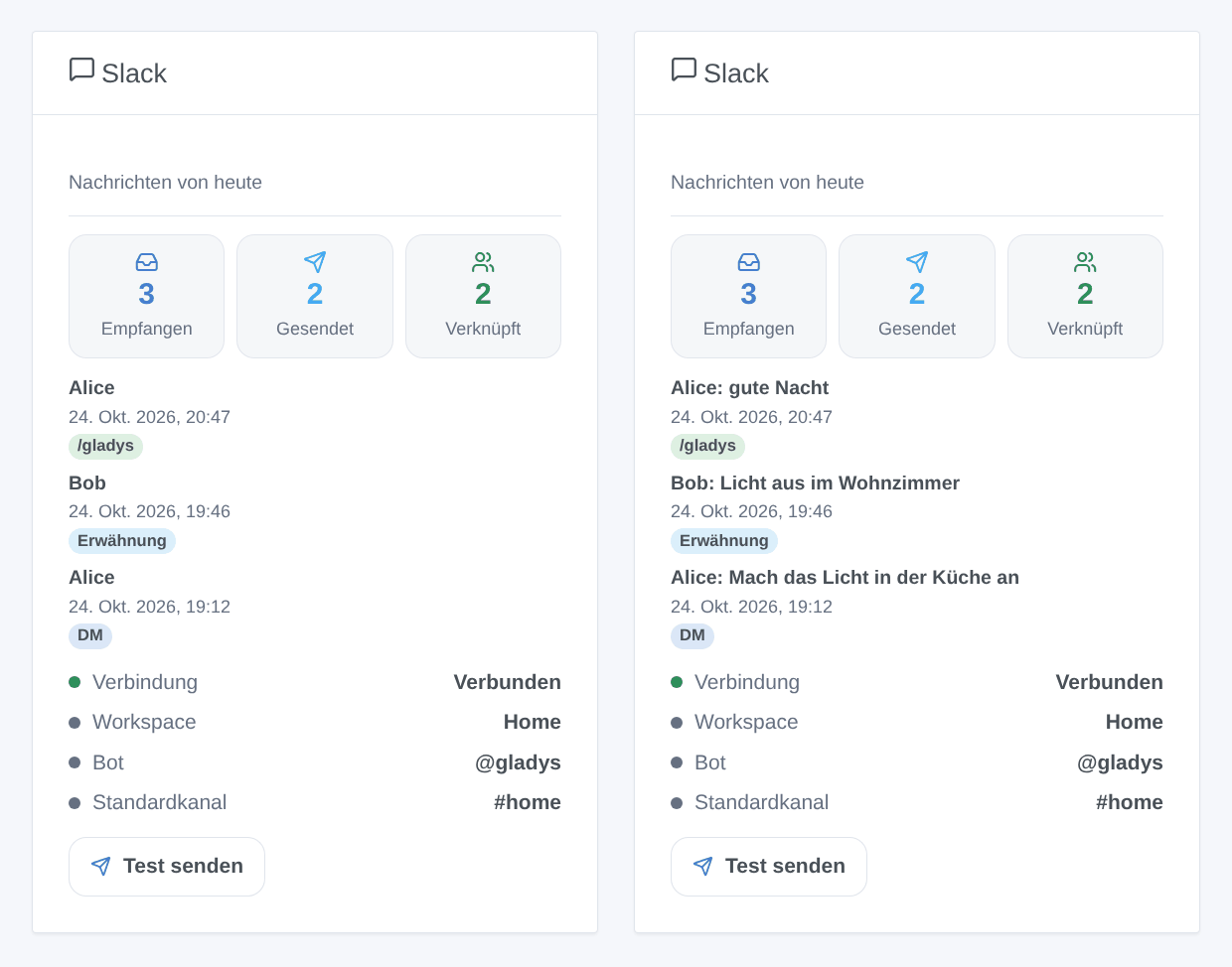 Das Slack-Widget: Nachrichten des Tages, verknüpfte Mitglieder, letzte Nachrichten, Verbindung und Test-Schaltfläche (generierte Illustration, kein Screenshot)