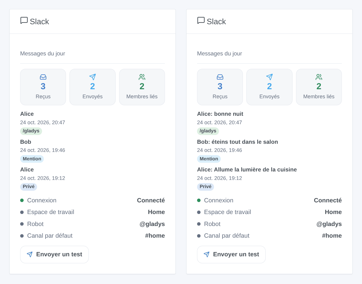 Le widget Slack : messages du jour, membres liés, derniers messages, connexion et bouton de test (illustration générée, pas une capture d’écran)
