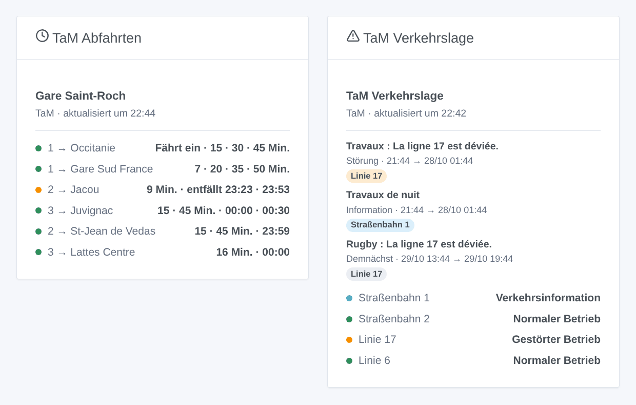 Das Widget TaM Abfahrten an Gare Saint-Roch und das Widget TaM Verkehrslage der Trams und einiger Buslinien (generierte Illustration, kein Screenshot)