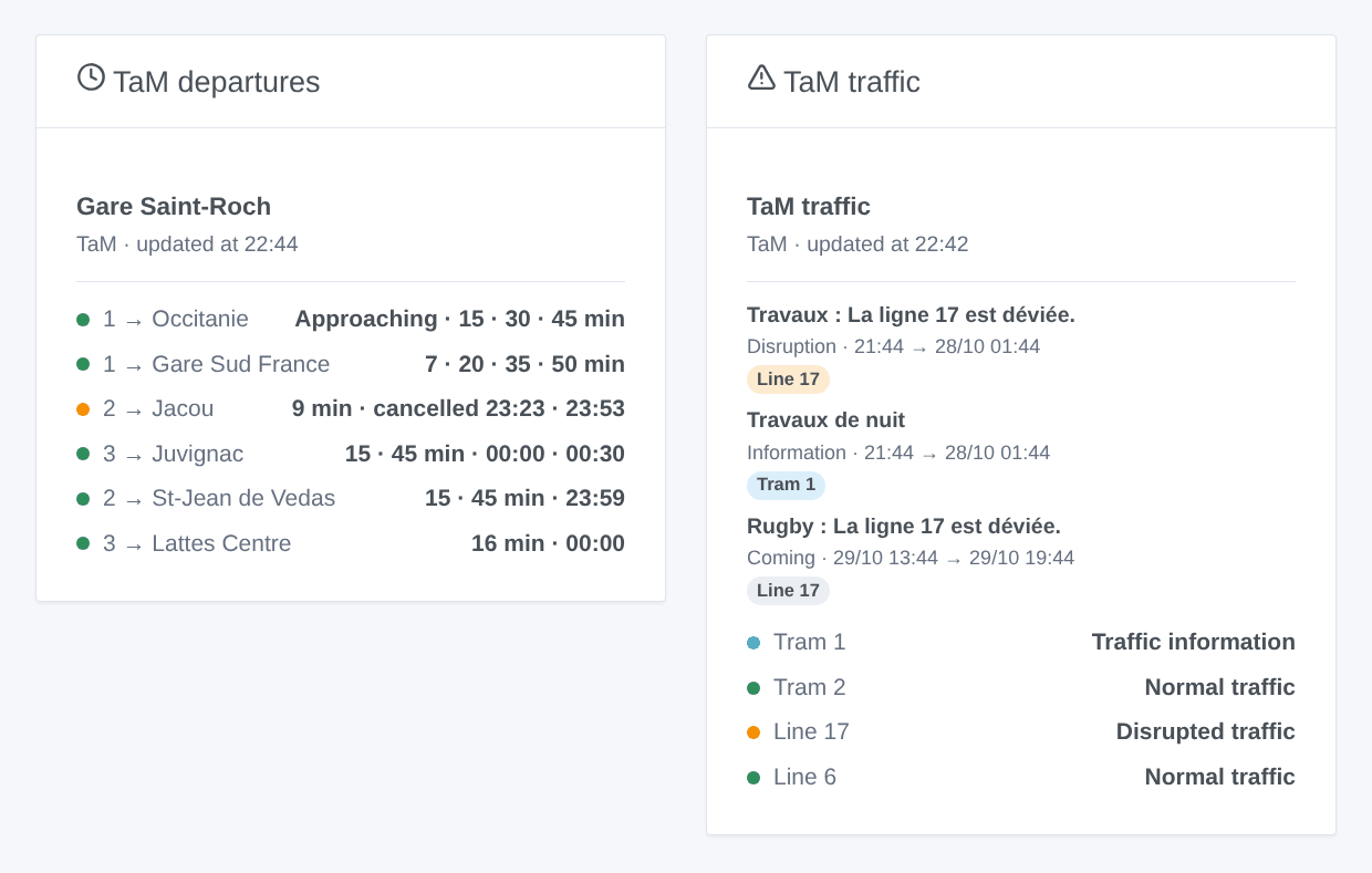 The TaM departures widget at Gare Saint-Roch and the TaM traffic widget of the trams and of bus lines (generated illustration, not a screenshot)