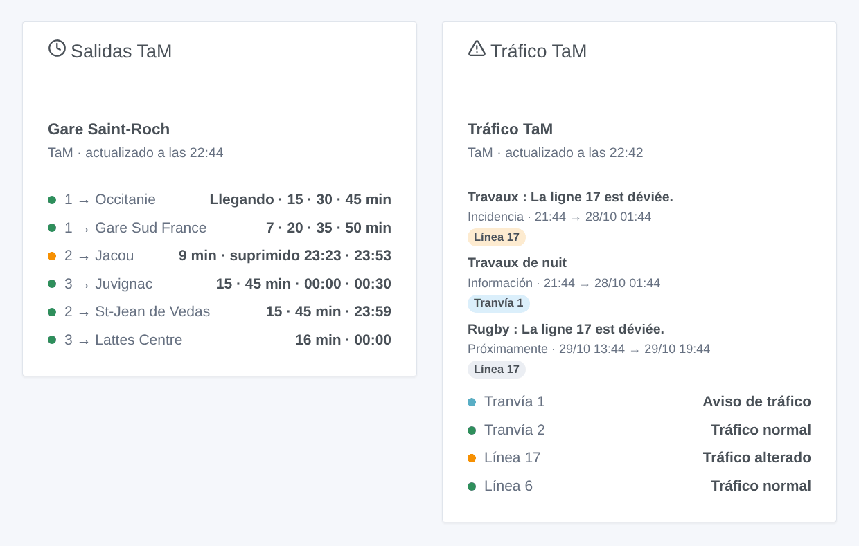 El widget Salidas TaM en Gare Saint-Roch y el widget Tráfico TaM de los tranvías y de líneas de autobús (ilustración generada, no una captura de pantalla)