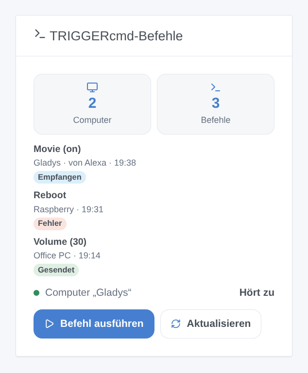 Das Widget: Computer und Befehle, die letzten Ausführungen, der Gladys-Computer und die Schaltfläche Befehl ausführen (generierte Illustration, kein Screenshot)