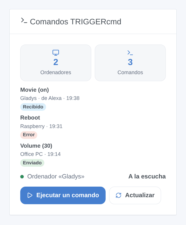El widget: los ordenadores y comandos, las últimas ejecuciones, el ordenador Gladys y el botón Ejecutar un comando (ilustración generada, no una captura de pantalla)