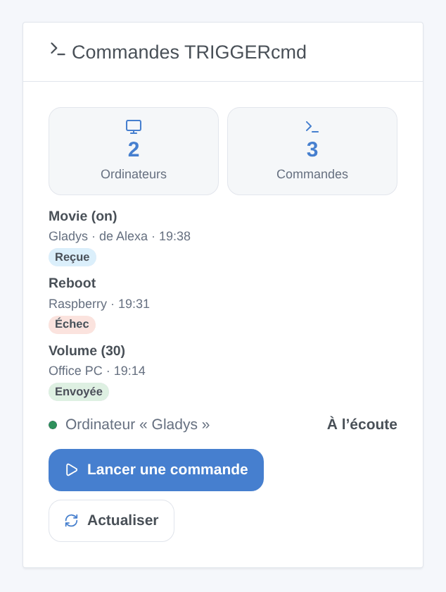 Le widget : les ordinateurs et commandes, les dernières commandes, l’ordinateur Gladys et le bouton Lancer une commande (illustration générée, pas une capture d’écran)