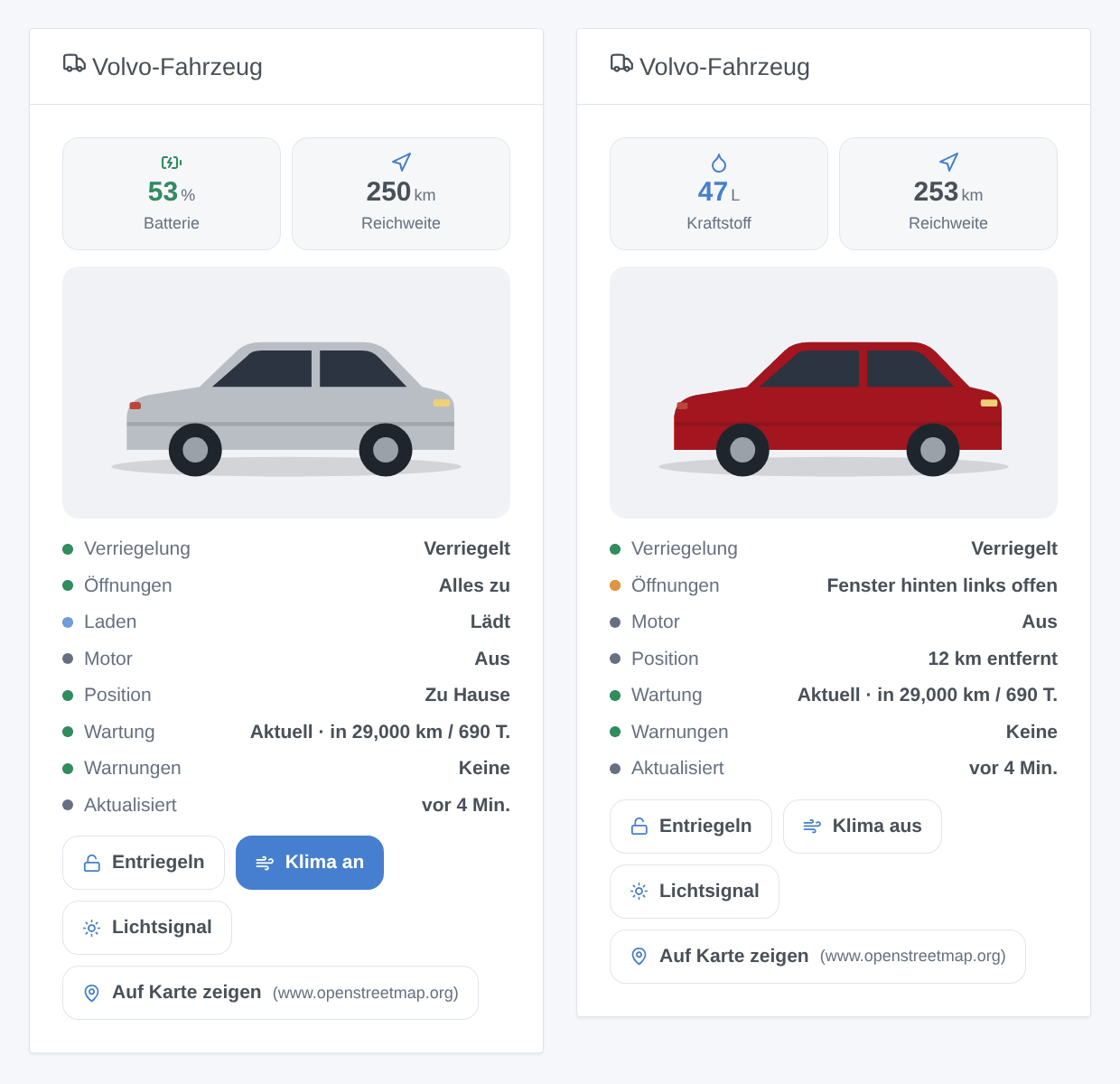 Zwei Widgets „Volvo-Fahrzeug“: ein XC40 Elektro, der zu Hause lädt (Batterie 53 %, 250 km Reichweite, alles zu), und ein XC90 Benziner, 12 km entfernt geparkt, Fenster hinten links offen und Klimatisierung an — generierte Illustration, kein Screenshot