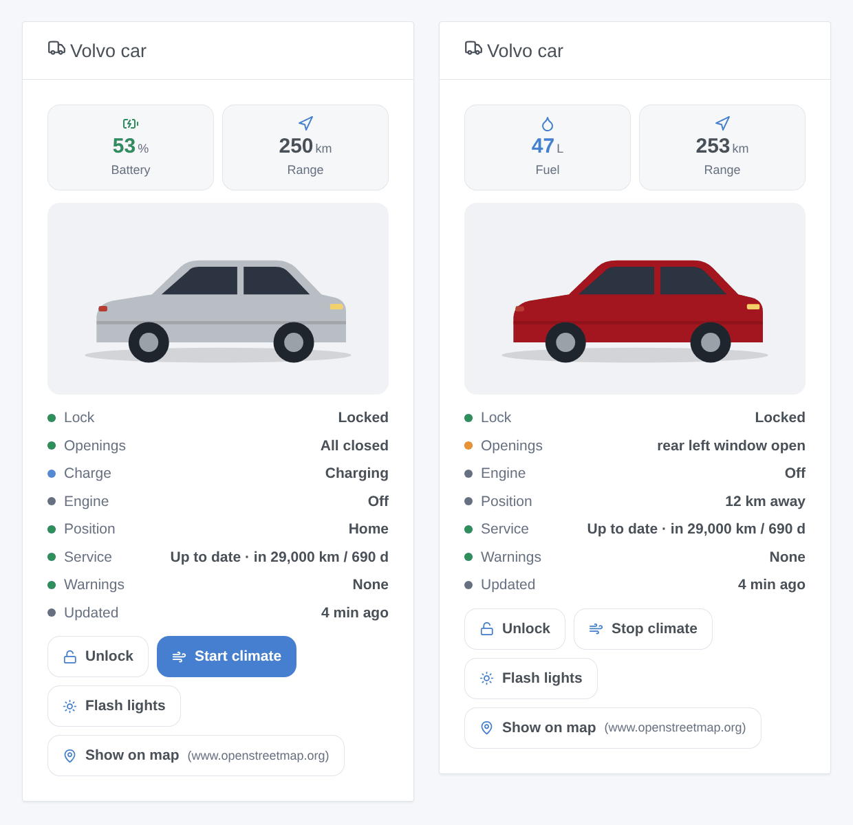 Two "Volvo car" widgets: an XC40 electric charging at home (53% battery, 250 km range, everything closed) and an XC90 petrol parked 12 km away with its rear left window open and the climate running — generated illustration, not a screenshot