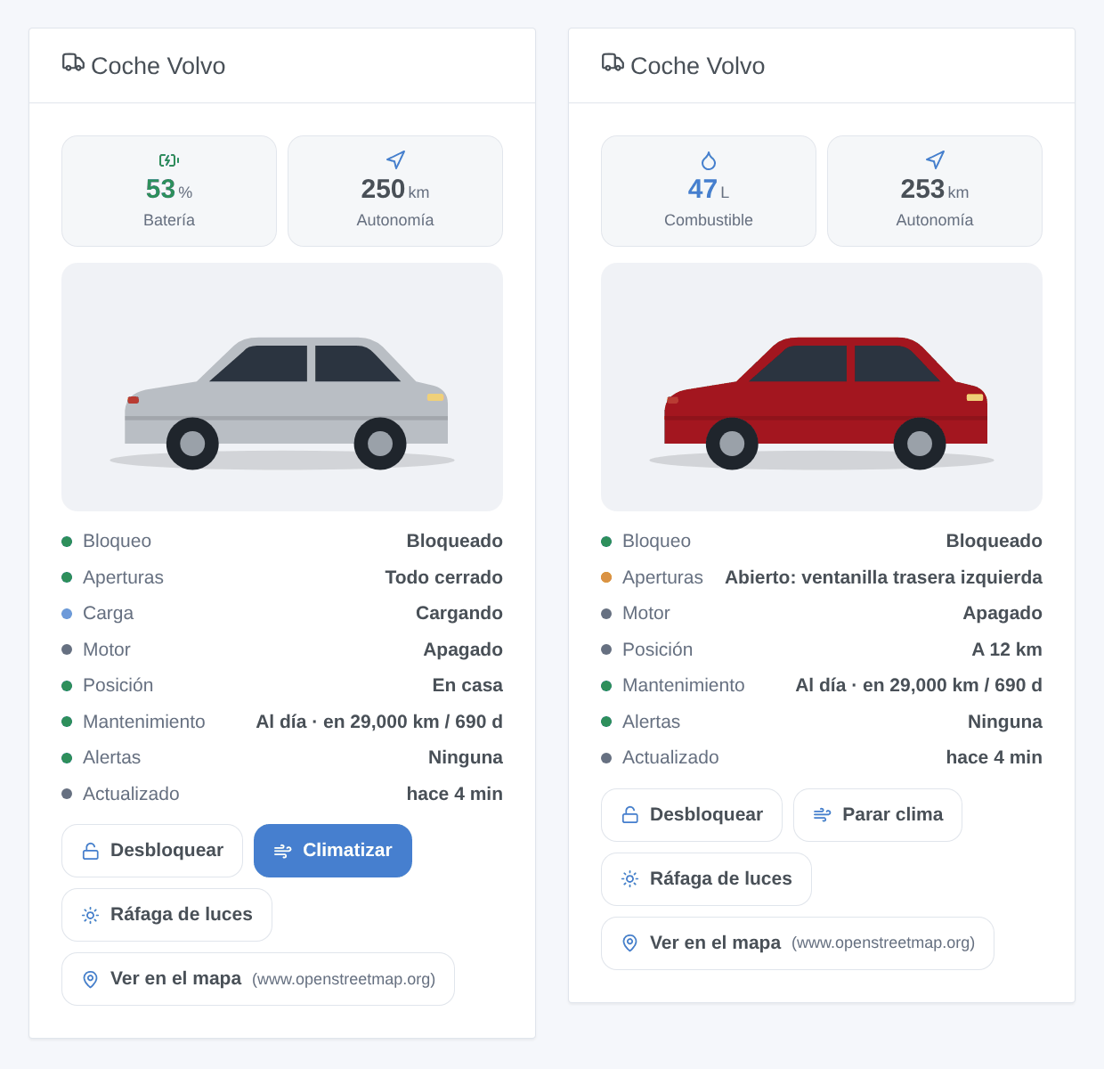 Dos widgets «Coche Volvo»: un XC40 eléctrico cargando en casa (batería al 53 %, 250 km de autonomía, todo cerrado) y un XC90 de gasolina aparcado a 12 km, con la ventanilla trasera izquierda abierta y la climatización en marcha — ilustración generada, no una captura de pantalla