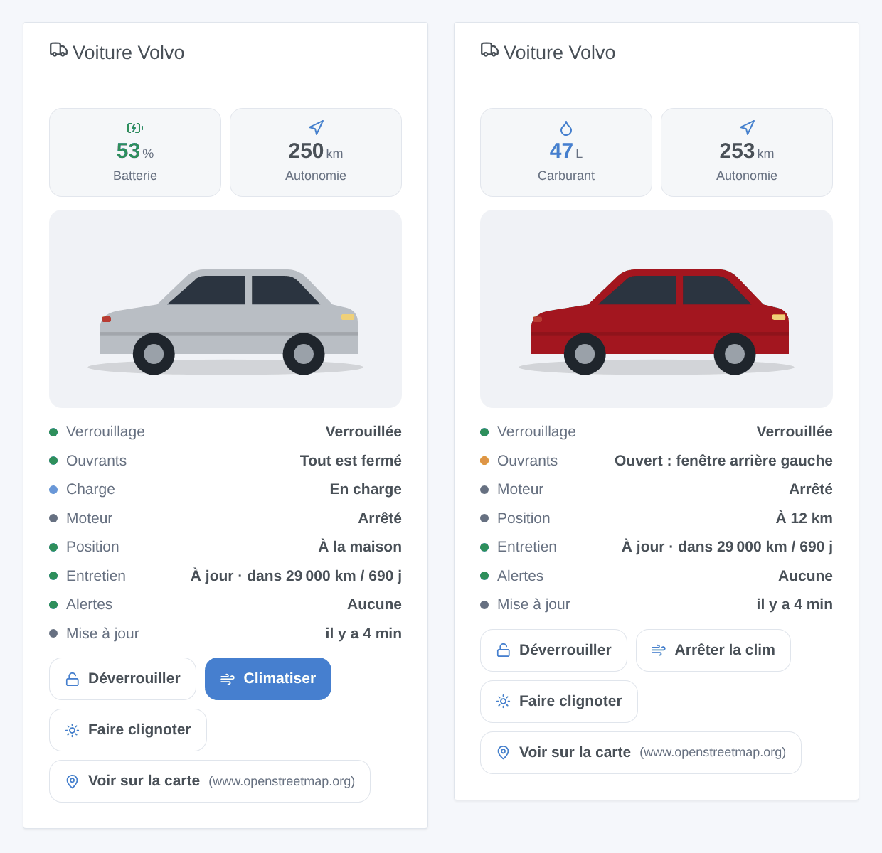 Deux widgets « Voiture Volvo » : un XC40 électrique en charge à la maison (batterie 53 %, 250 km d’autonomie, tout est fermé) et un XC90 essence garé à 12 km, fenêtre arrière gauche ouverte et climatisation en marche — illustration générée, pas une capture d’écran