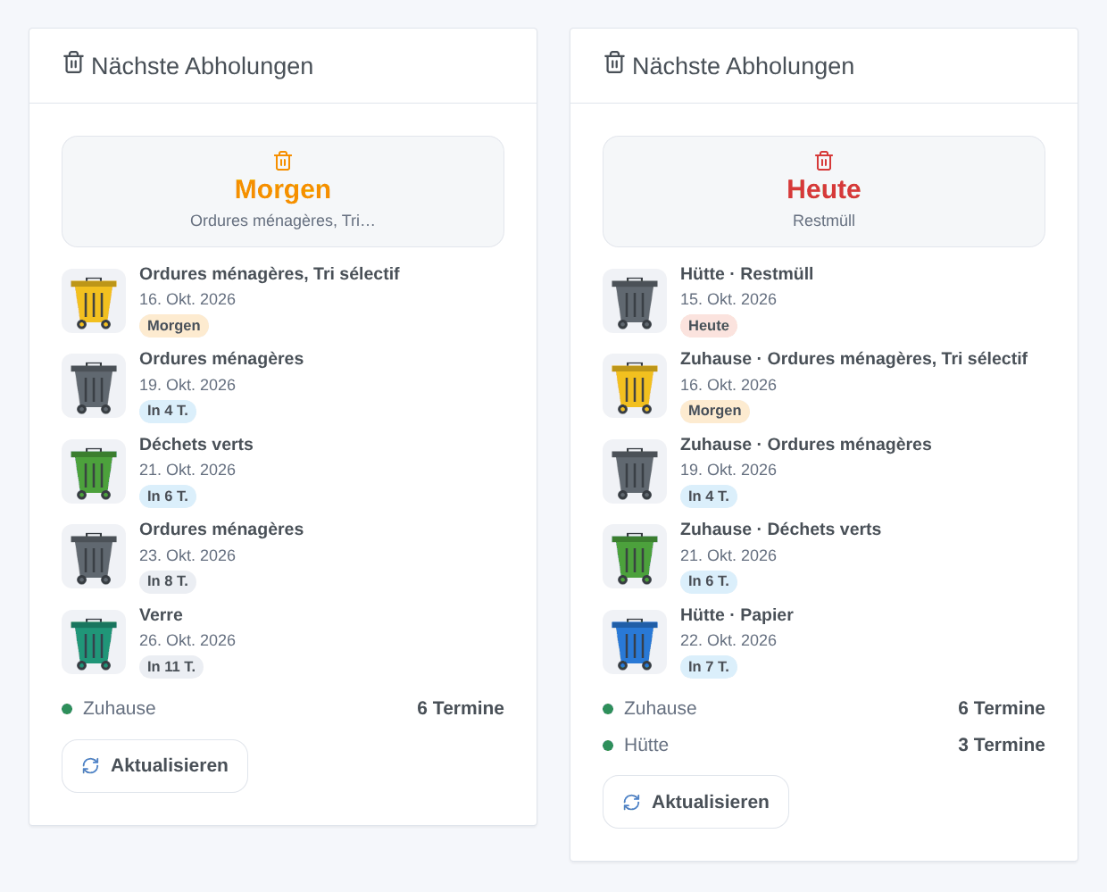 Das Widget „Nächste Abholungen“, mit einem Abfuhrplan und dann mit zweien (generierte Illustration, kein Bildschirmfoto)