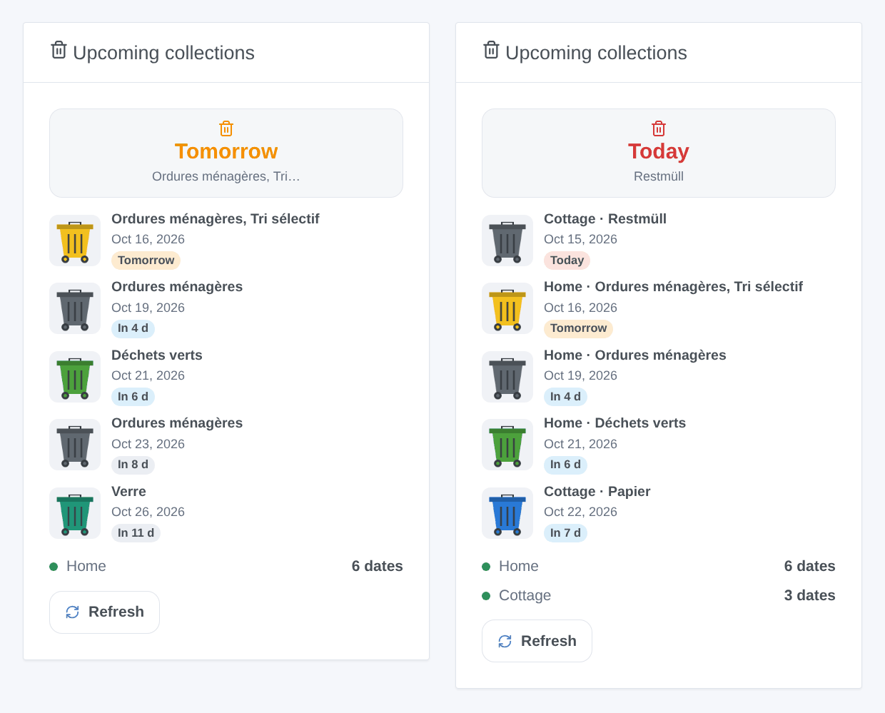 The "Upcoming collections" widget, one schedule then two (generated illustration, not a screenshot)