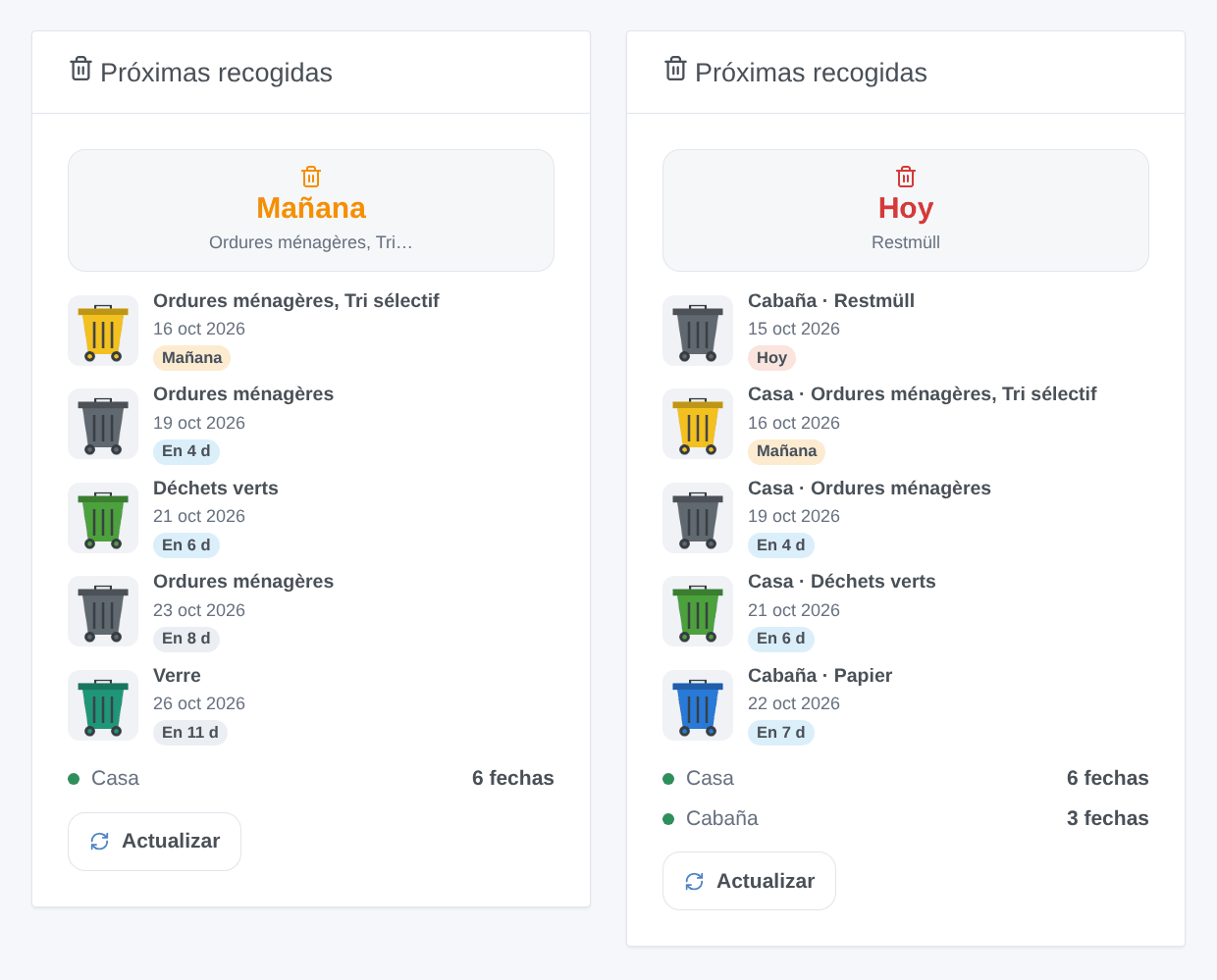 El widget «Próximas recogidas», con un calendario y luego con dos (ilustración generada, no es una captura de pantalla)