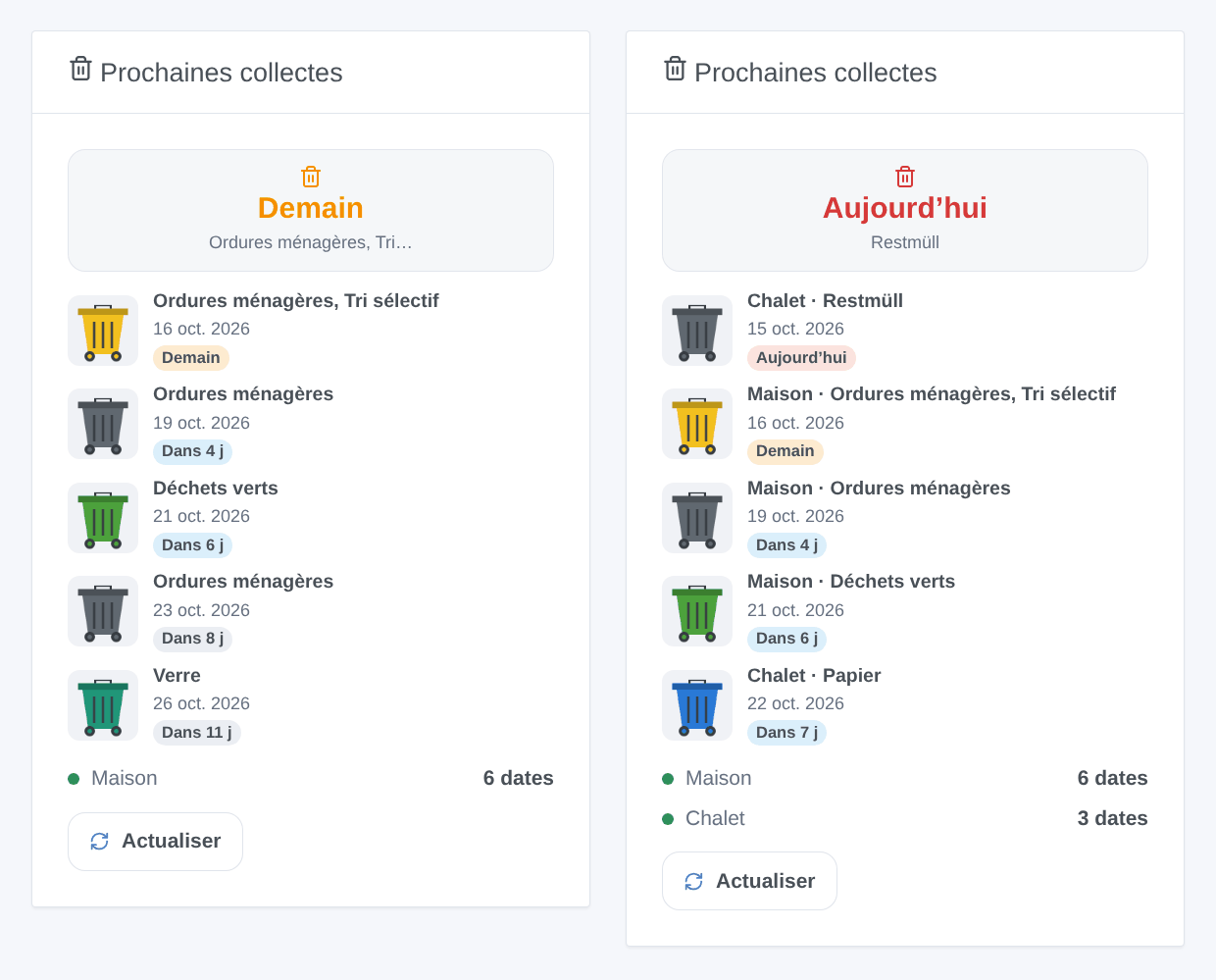 Le widget « Prochaines collectes », avec un calendrier puis deux (illustration générée, pas une capture d’écran)