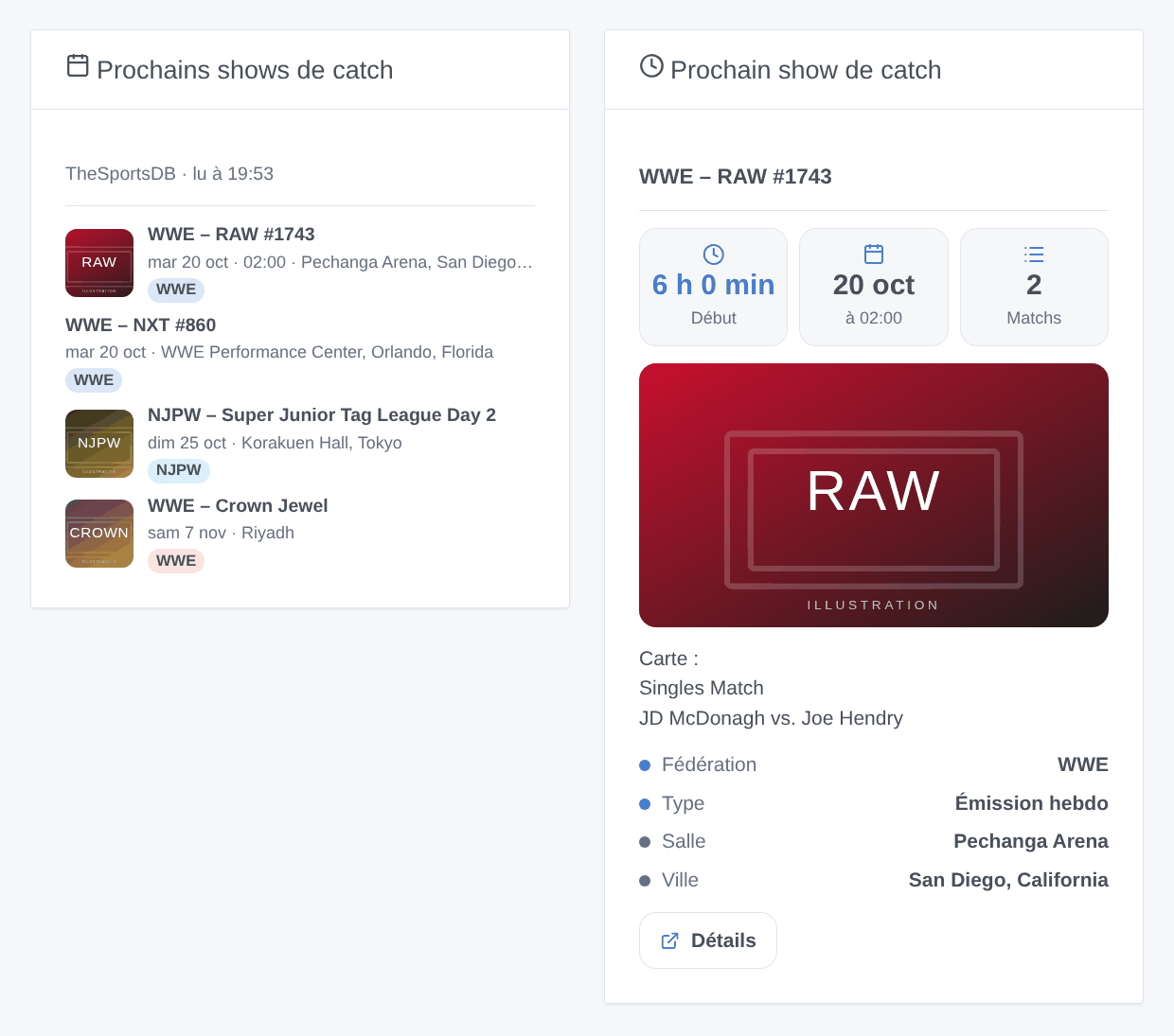 Les deux widgets : les prochains shows de la WWE et de la NJPW, et le compte à rebours jusqu'à RAW avec sa carte (illustration générée, pas une capture d'écran ; affiches inventées)