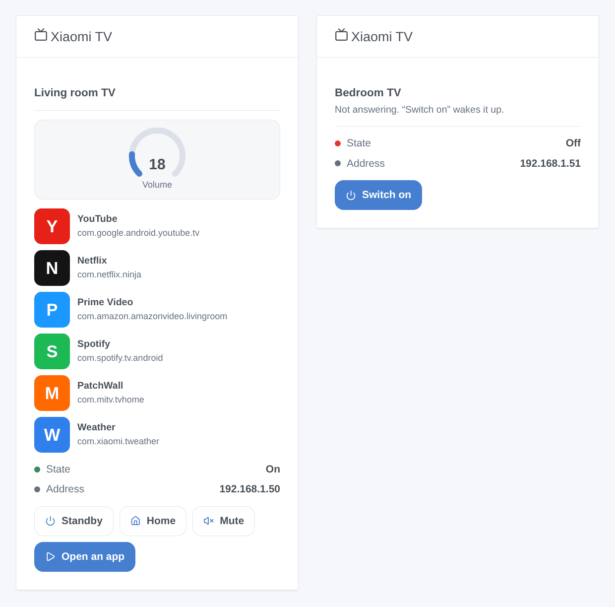 The “Xiaomi TV” widget: the living room TV on, volume 18, its first six applications with their package names and four buttons; the bedroom TV not answering with its Switch on button (generated illustration, not a screenshot)