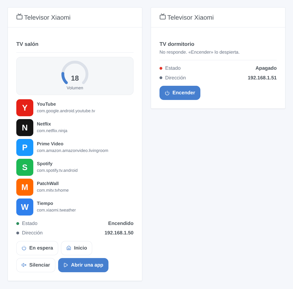 El widget «Televisor Xiaomi»: el televisor del salón encendido, volumen 18, sus seis primeras aplicaciones con su nombre de paquete y cuatro botones; el televisor del dormitorio que no responde, con su botón Encender (ilustración generada, no una captura de pantalla)