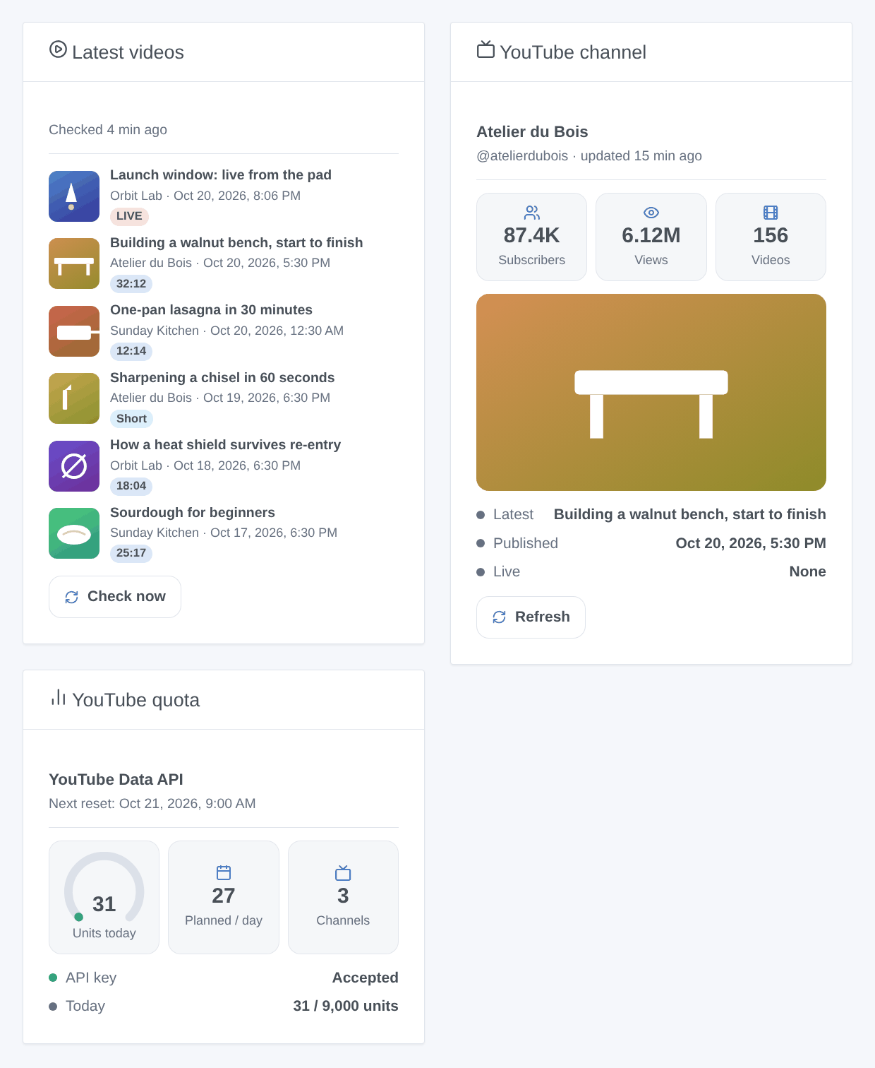 The three widgets of the integration: latest videos, one channel and the quota of the day (generated illustration, not a screenshot)