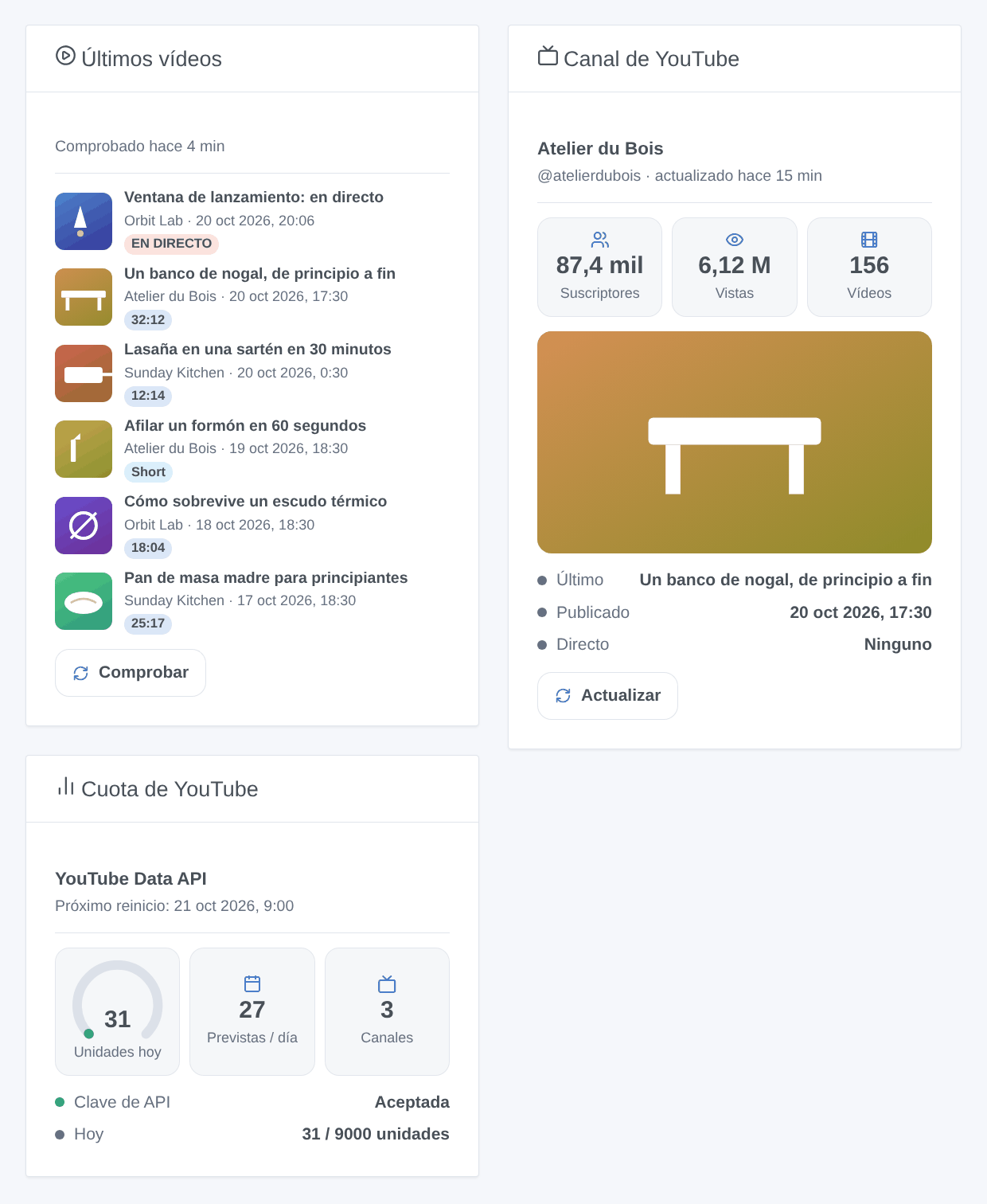 Los tres widgets de la integración: últimos vídeos, un canal y la cuota del día (ilustración generada, no una captura de pantalla)