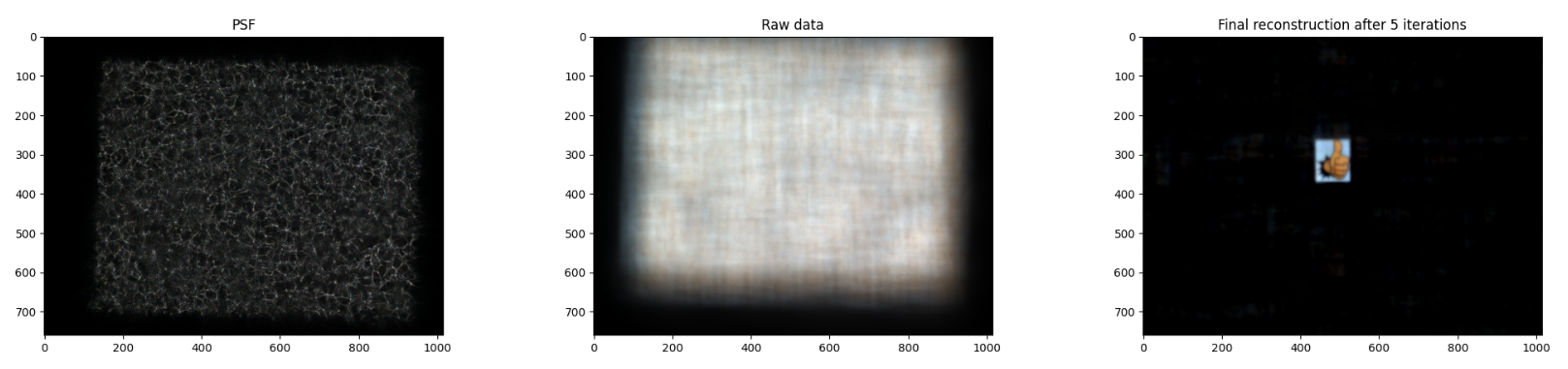 Example PSF, raw data, and reconstruction.