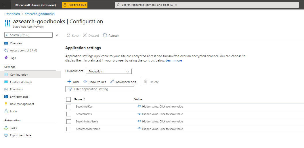 Azure Static Web Apps Configuration Screenshot