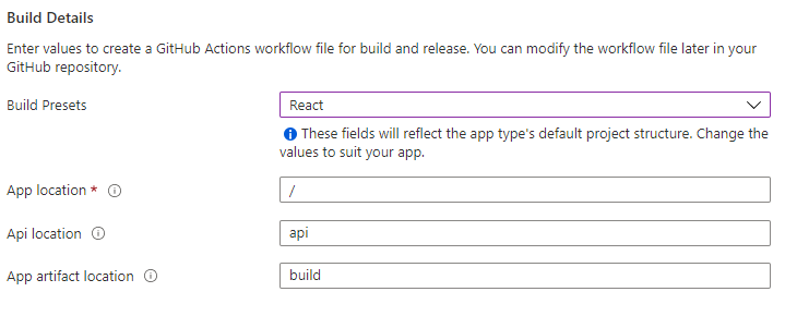 Azure Static Web Apps Configuration Screenshot