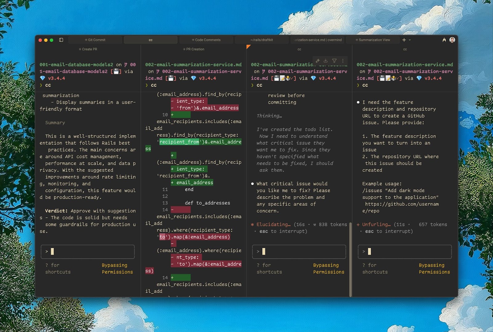 Claude Code in a terminal with multiple conversation panes