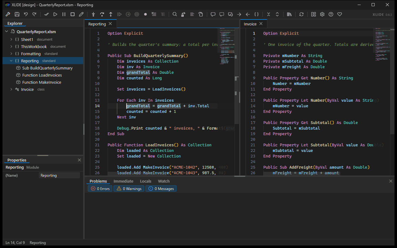 The xlide surface inside the VBE: editing side by side, completion from the analyzer, diagnostics with quick fixes, and break mode with live locals