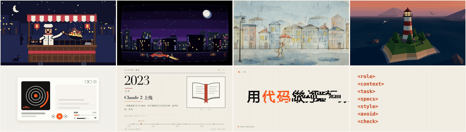 Seven short animations made with code-video: a pixel-art night-market cook, a retro arcade street on a CRT screen, a hand-drawn rainy town, a low-poly 3D lighthouse, a music-player UI promo, a brief history in print layout, a kinetic-type opener, and the seven-block prompt filling in