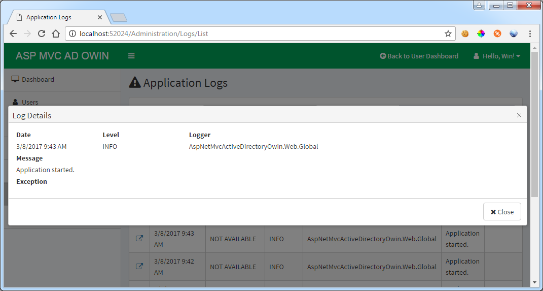 Admin Application Log Detail