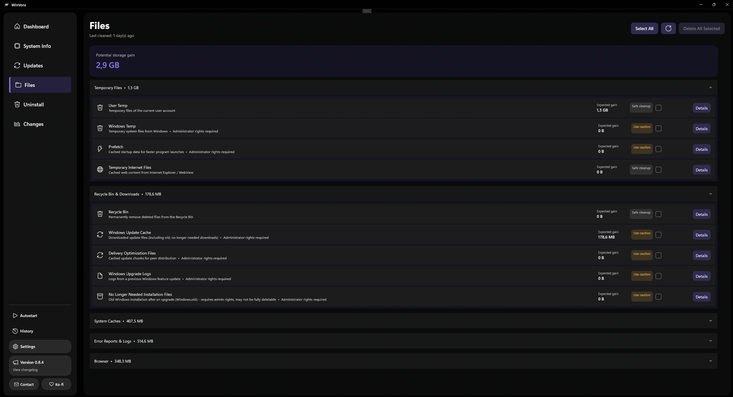 WinVora file cleanup page
