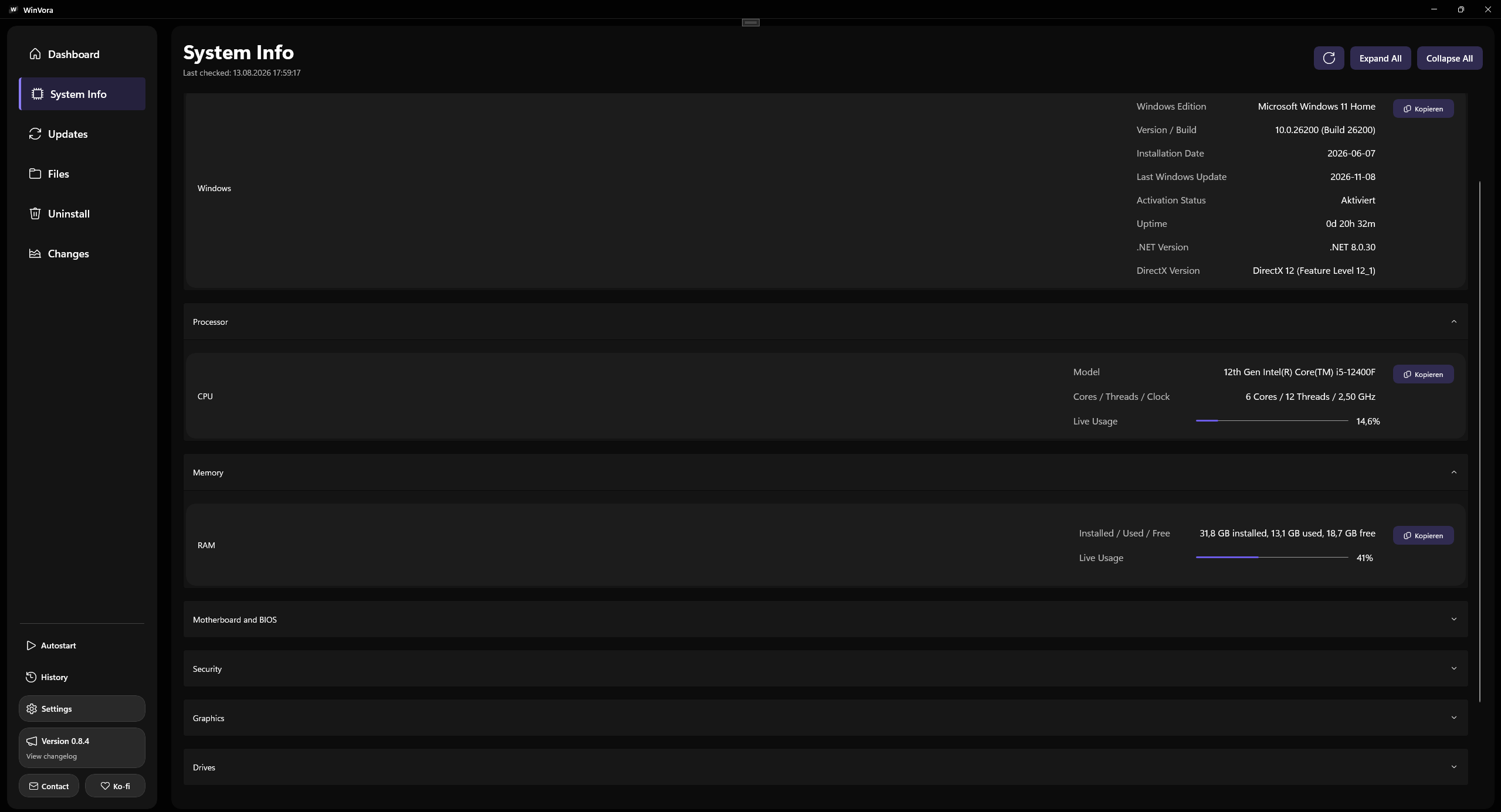 WinVora system information page