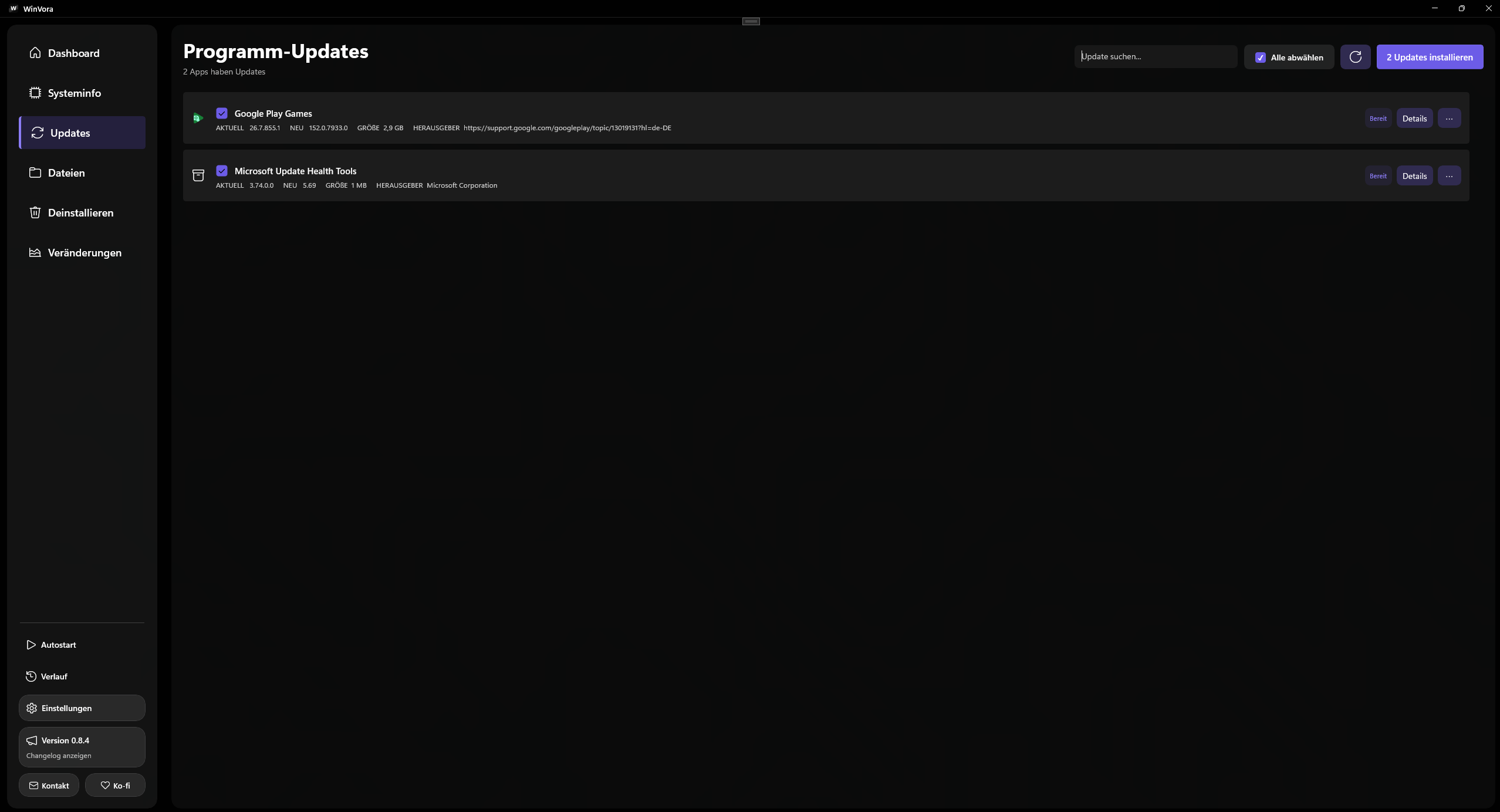 WinVora program update page