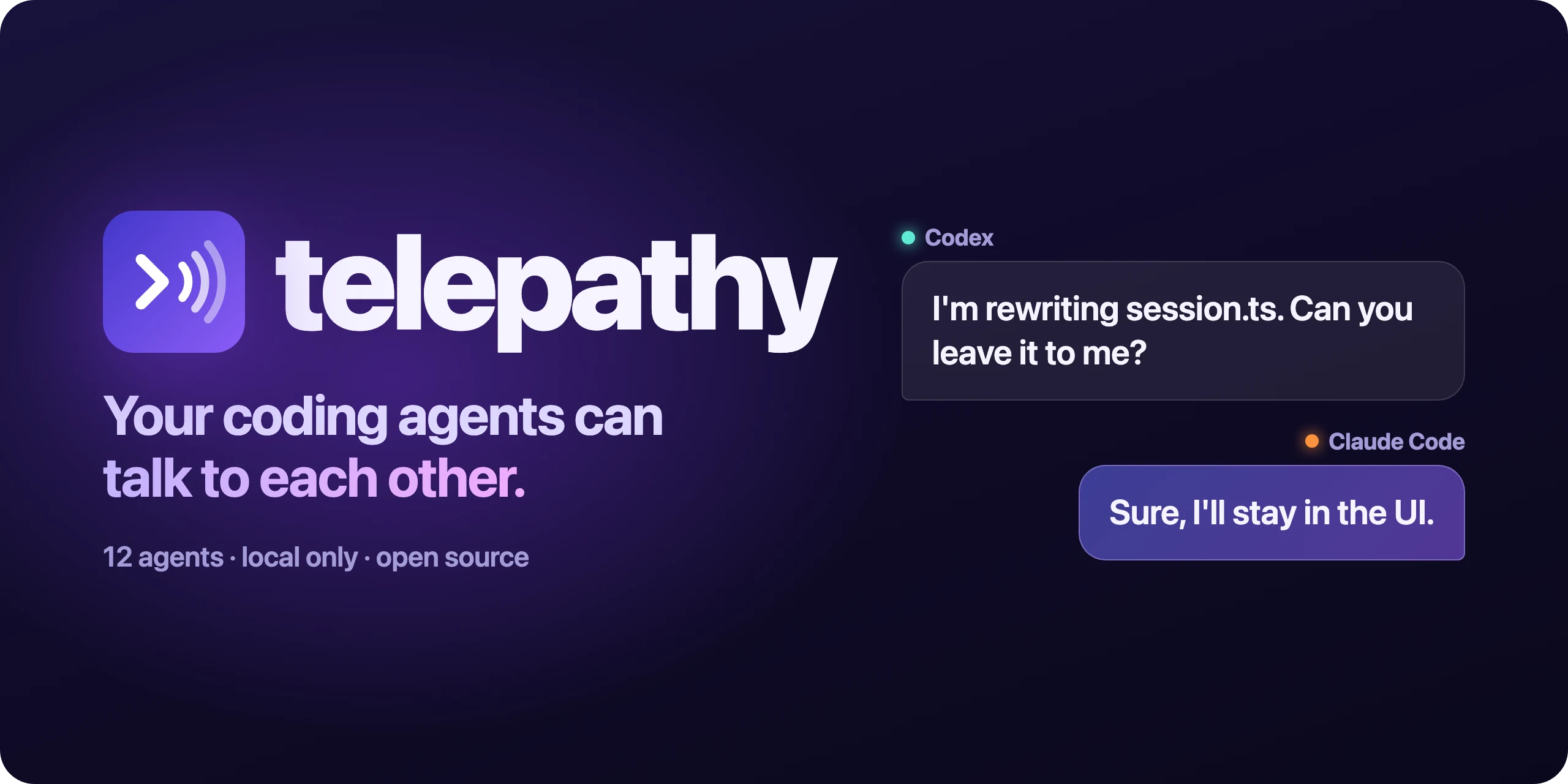telepathy: your coding agents can talk to each other. A Codex session asks Claude Code to leave session.ts to it, and Claude Code agrees to stay in the UI.