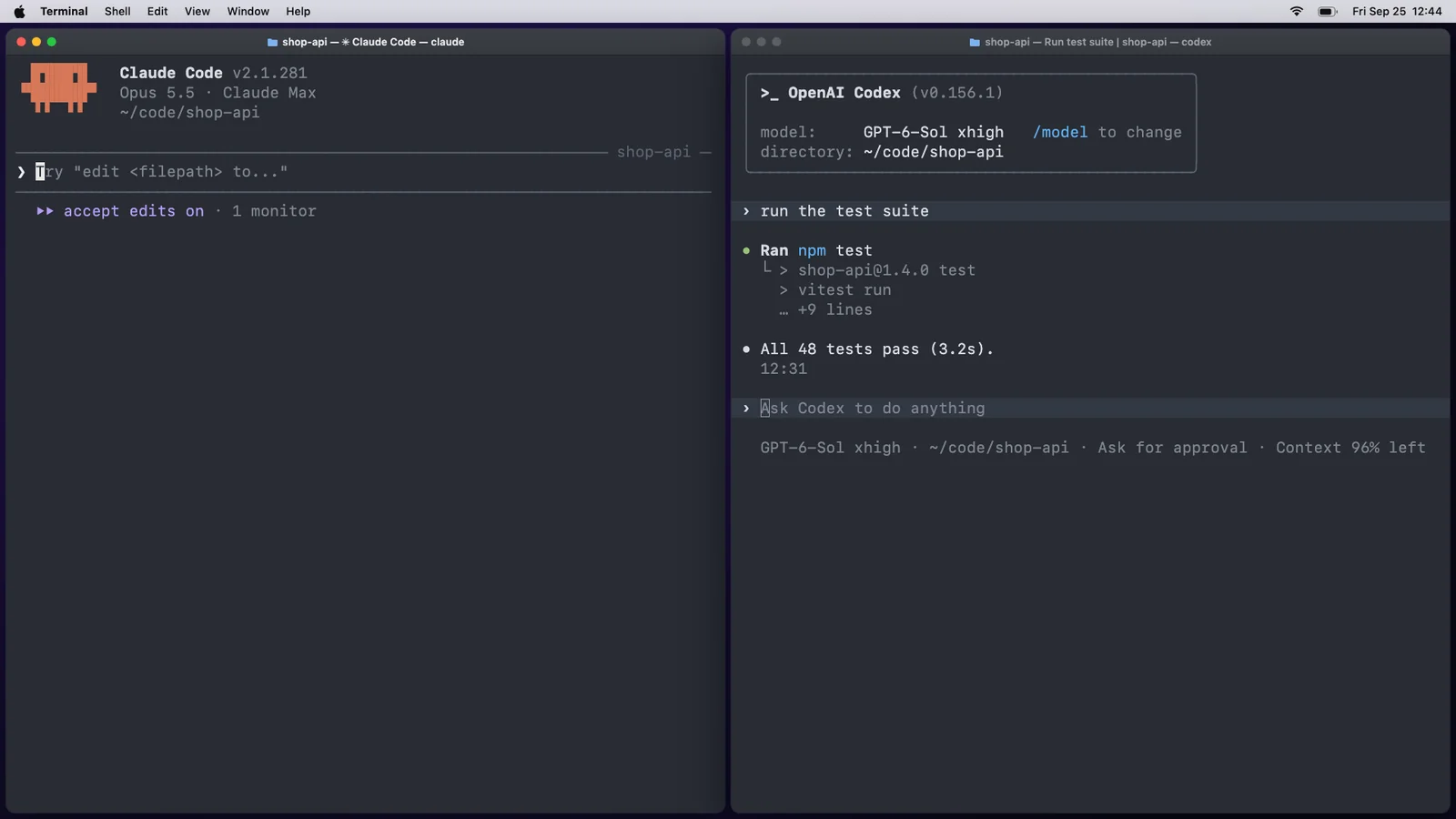 Claude Code and Codex side by side. Asked to add rate limiting and have Codex review it, Claude sends its change to the idle Codex session through telepathy. Codex picks the message up on its own, finds that trust proxy isn't set behind nginx and replies, and Claude fixes it.