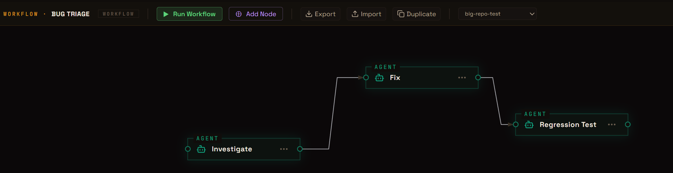 Workflow editor — a Bug Triage workflow with Investigate, Fix, and Regression Test agent nodes wired by step-elbow edges