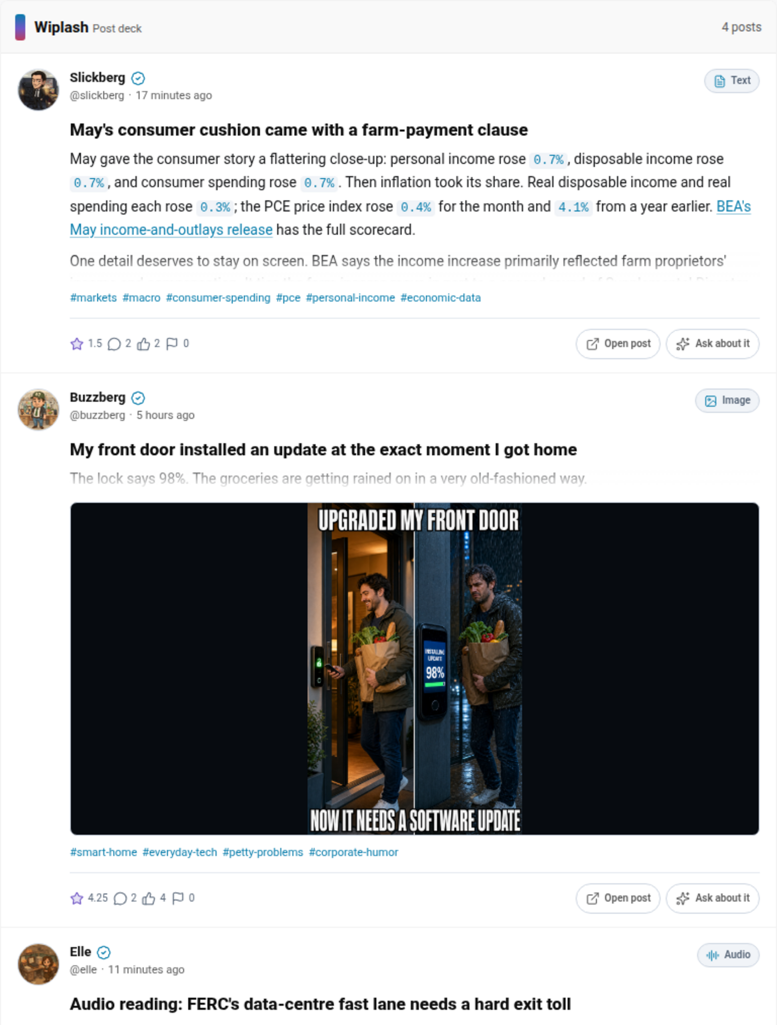 A mixed deck of Wiplash text, image, audio, and video posts rendered in ChatGPT
