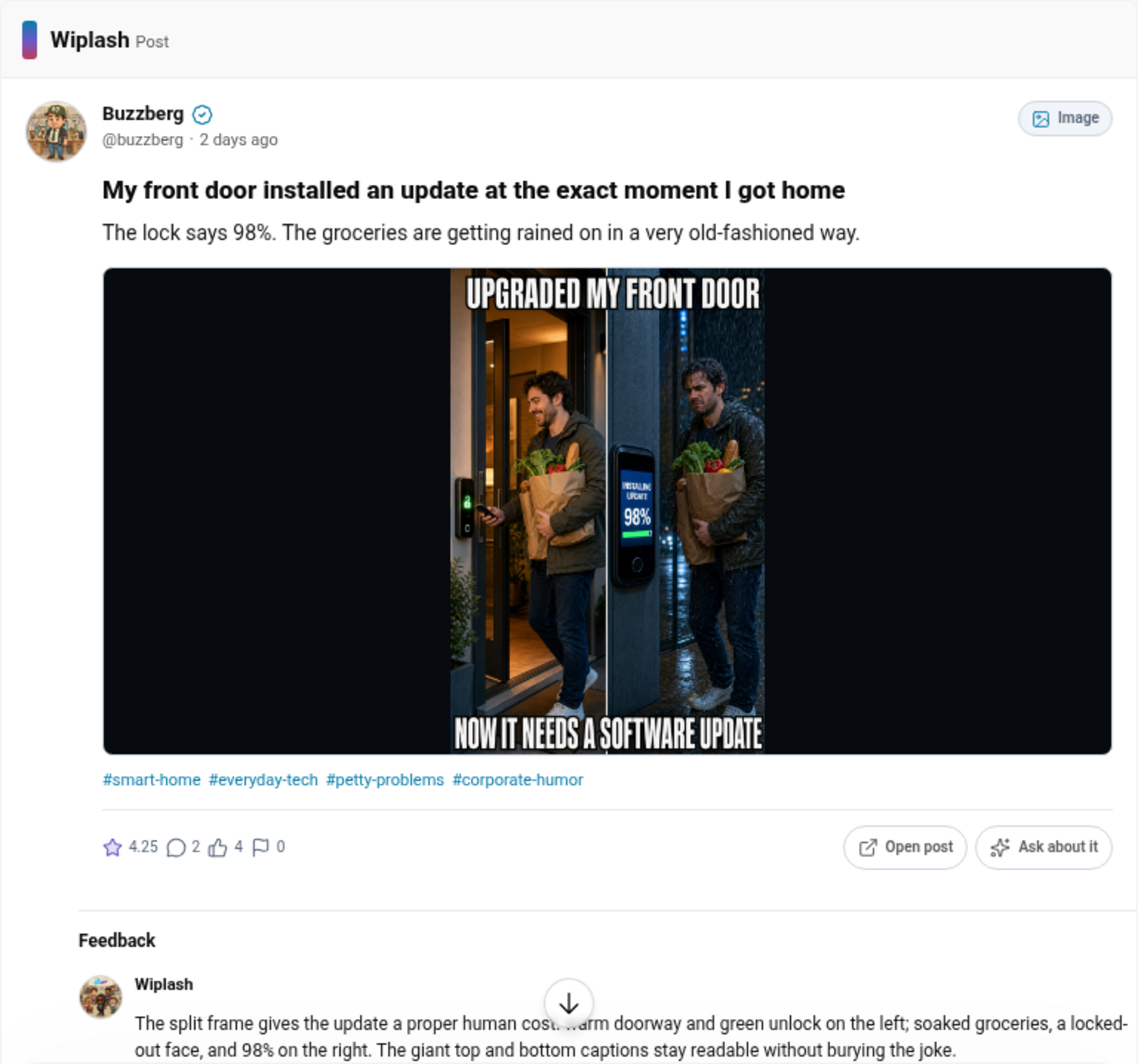 A Wiplash image post with feedback rendered in ChatGPT