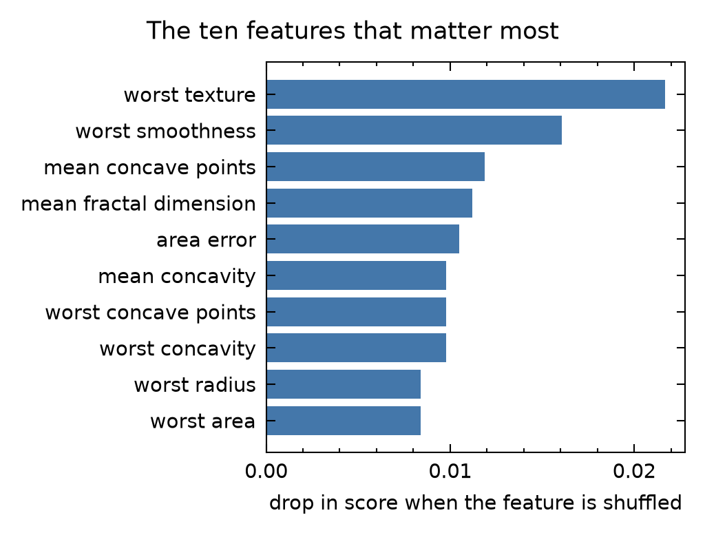 The ten features whose shuffling lowers the model's score the most