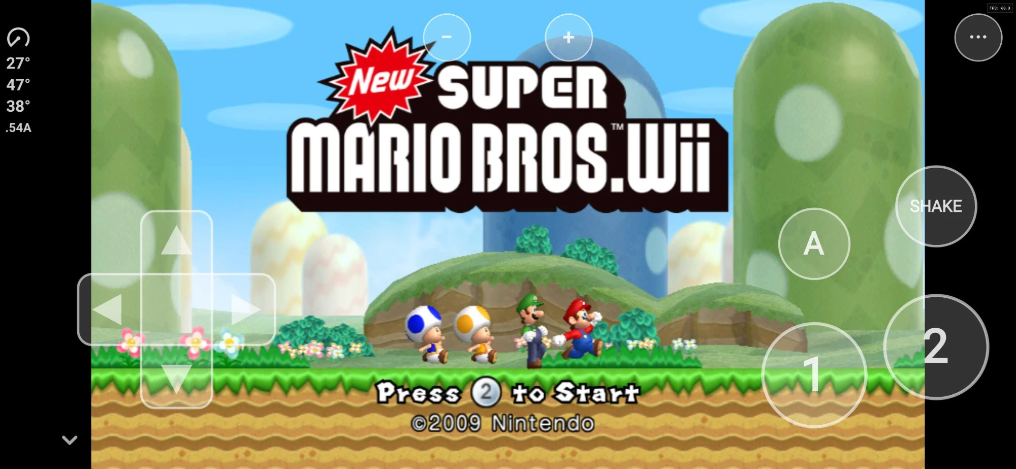 New Super Mario Bros. Wii running natively on an Android phone, with the on-screen Wii Remote controls