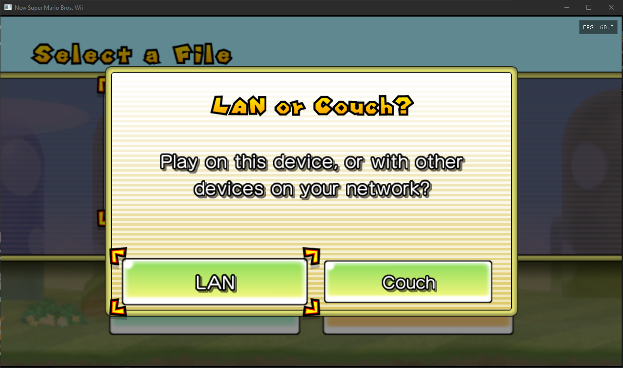 The LAN or Couch? window on the Select a File screen, on Windows