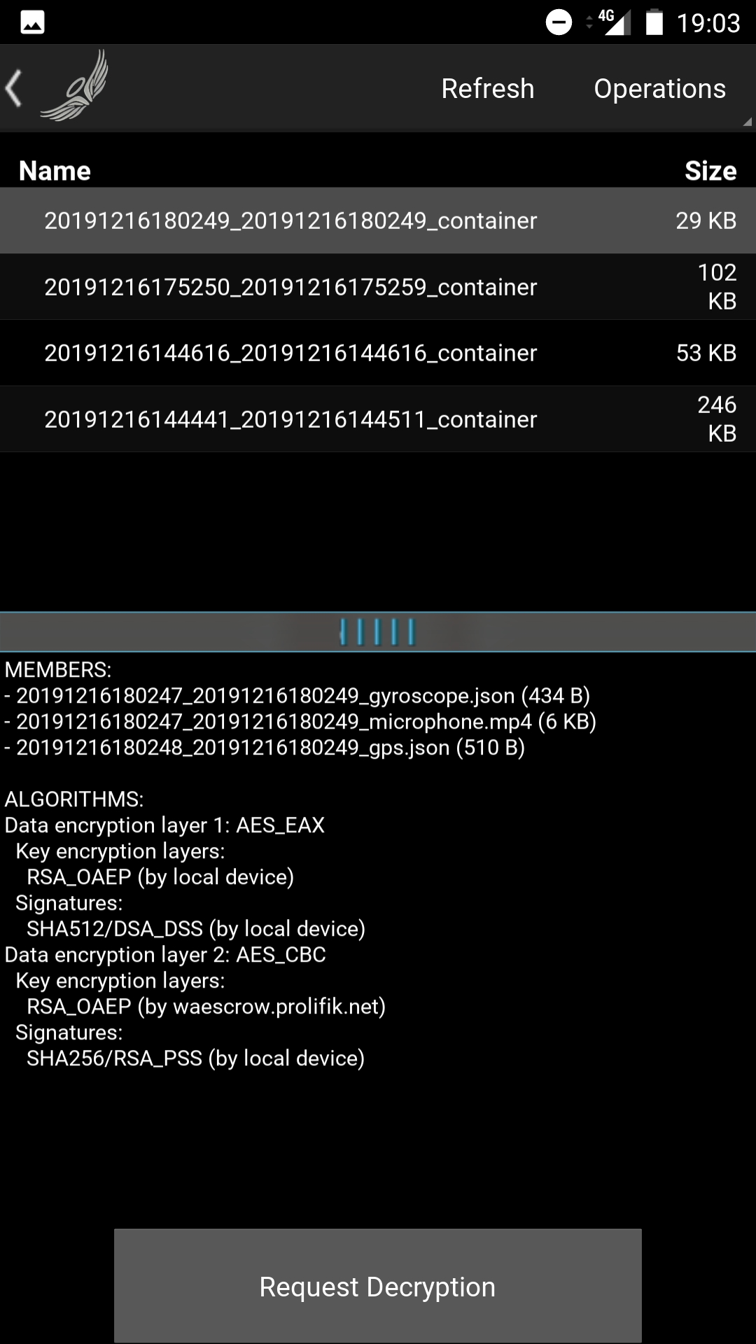 Page listing encrypted containers and their metadata.