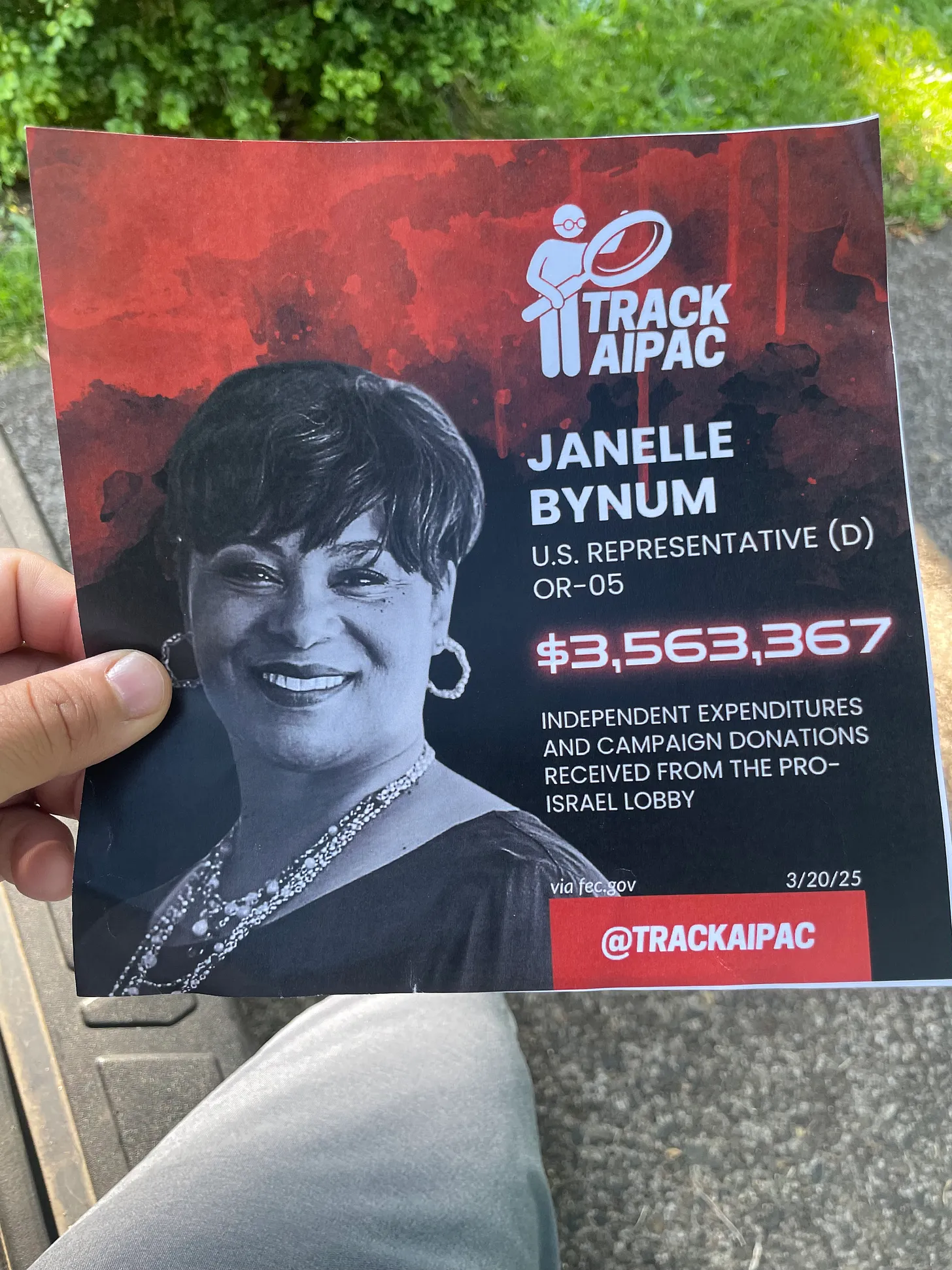 TrackAIPAC document showing $3,563,367 in pro-Israel lobby spending on Janelle Bynum, sourced from FEC data as of 3/20/25