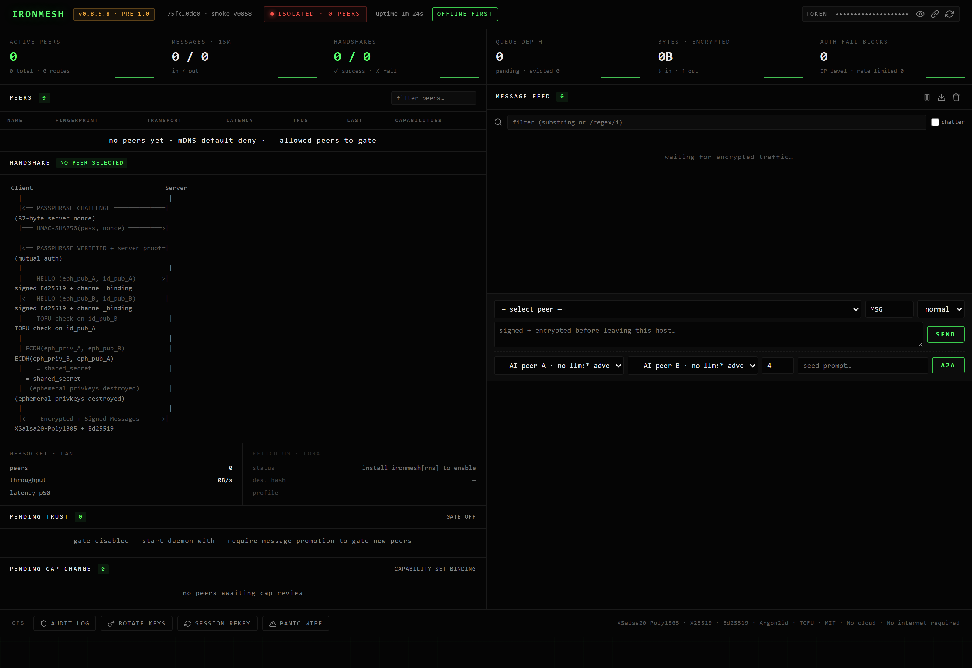 IronMesh operator console — live metrics, signed Ed25519 + X25519 handshake diagram, pending-trust + pending-cap-change review panels, encrypted message feed, and A2A conversation controls, all served by the daemon itself with no external dashboards required