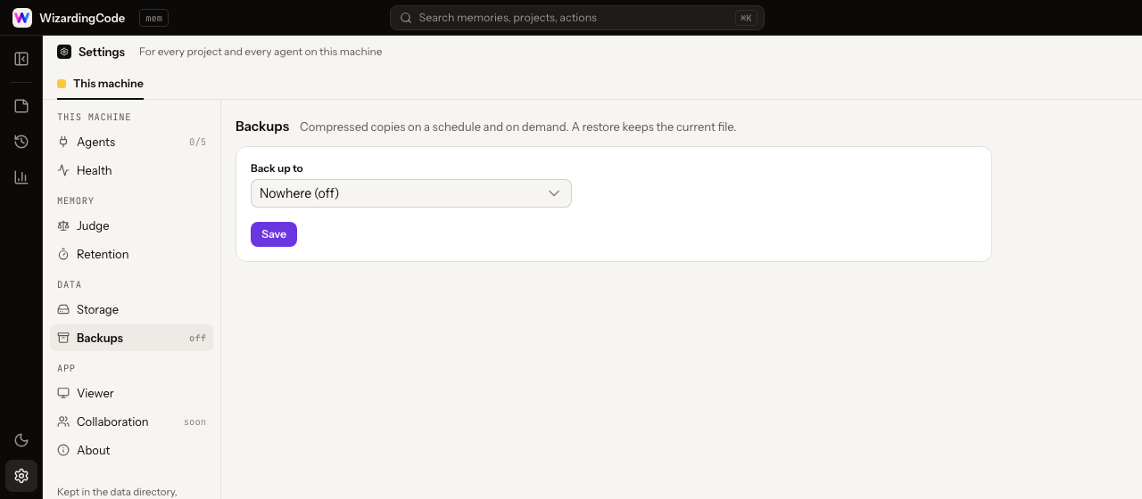 Settings, Backups page: choose where backups go