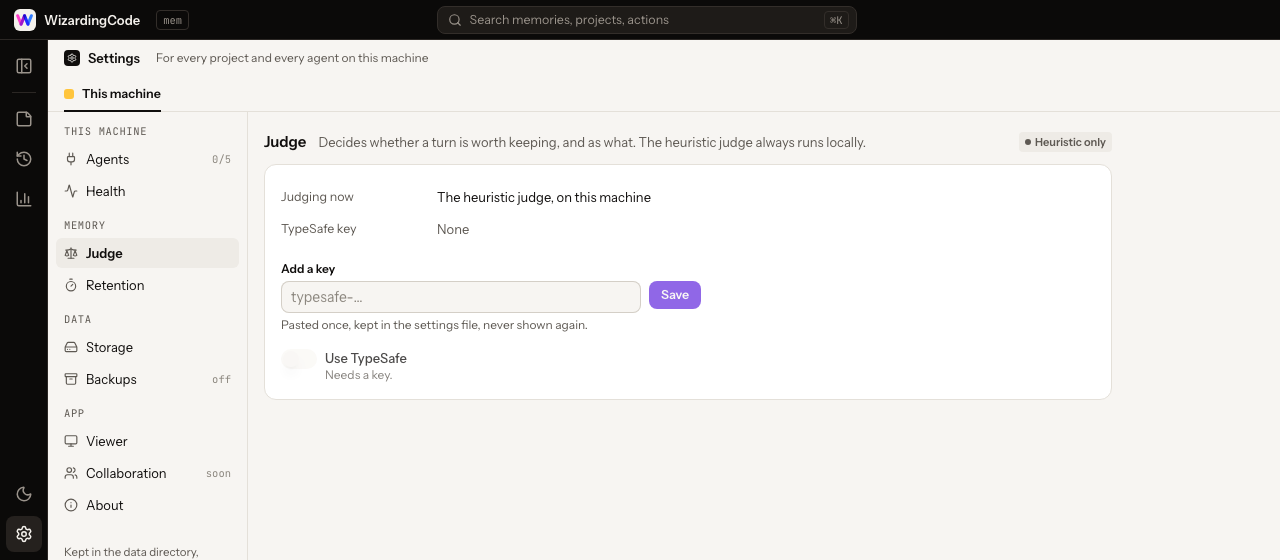 Settings, Judge page: paste a TypeSafe key and save it