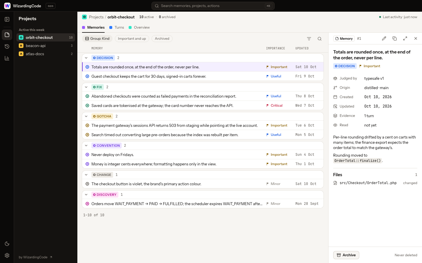 The wizardingcode-mem viewer: a project's memories, one open in full