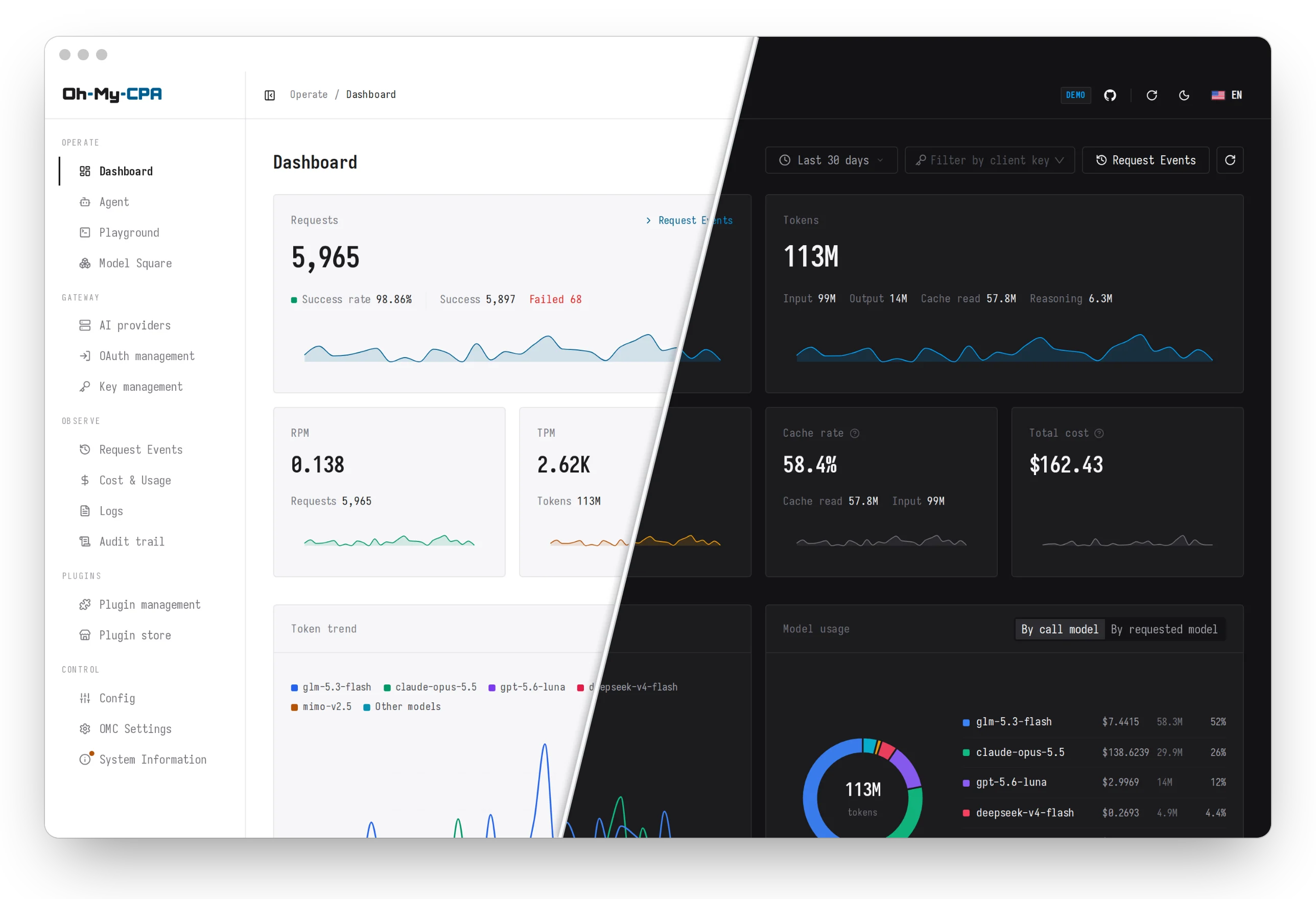 The Oh My CPA dashboard, half in the light theme and half in the dark theme