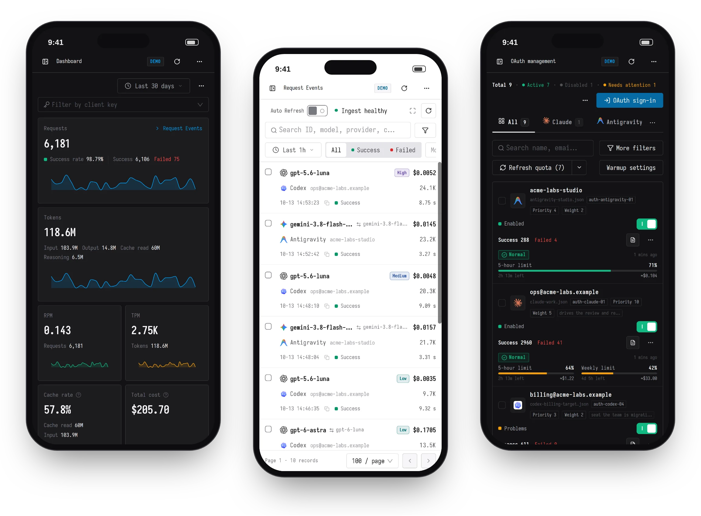 The dashboard, request records and OAuth management on a phone