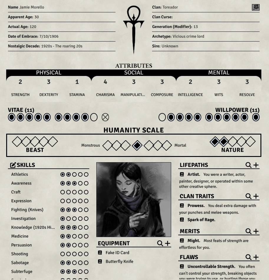 A picture of a Werewolf and a Hunter character sheet, with dice rolling over top of them.