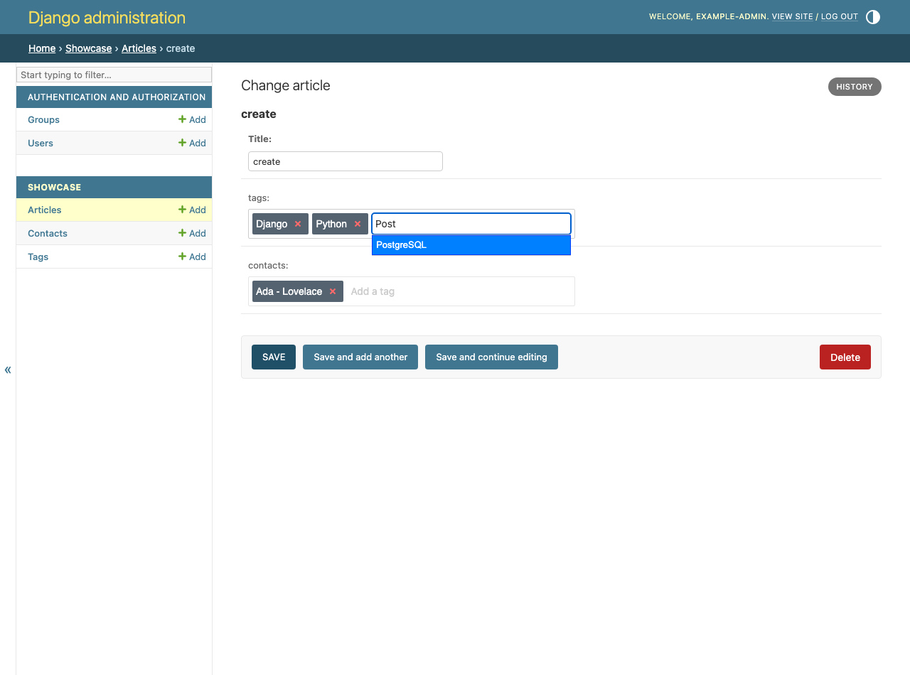 Django admin tags input with selected tags and autocomplete suggestions