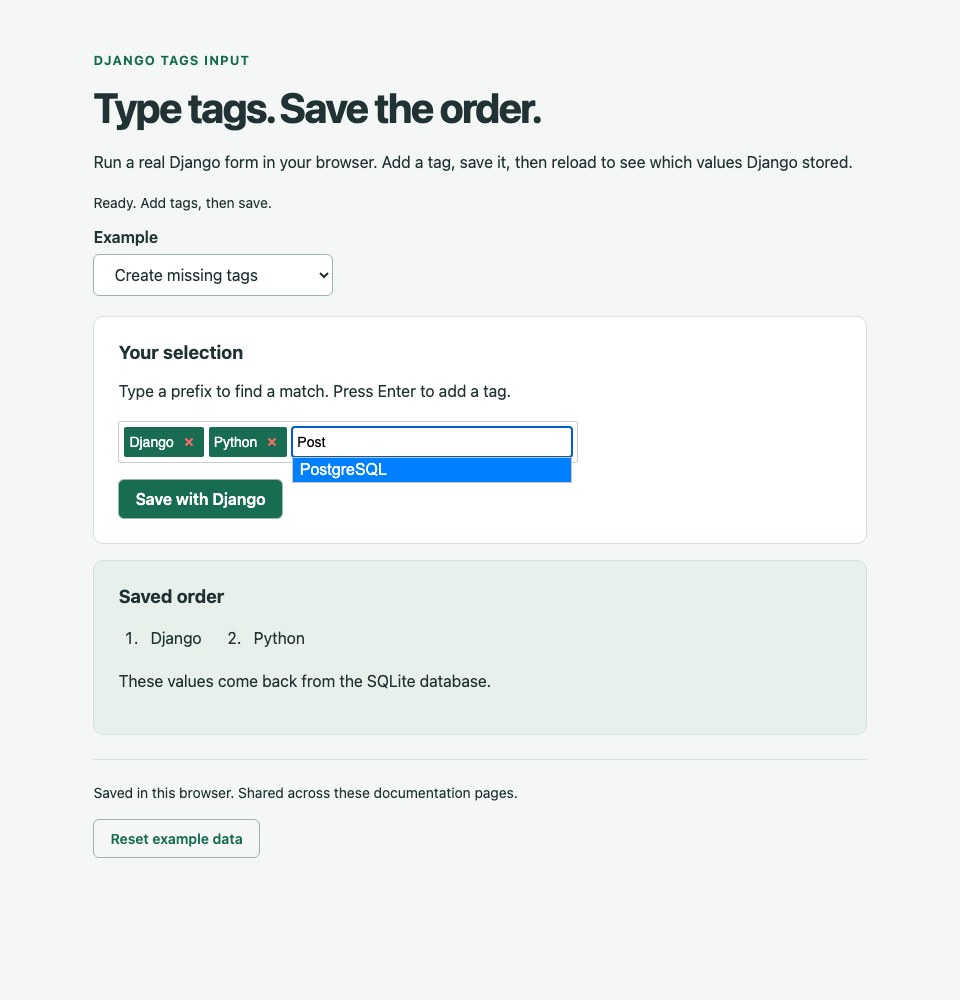 A Django form with autocomplete and selected tags